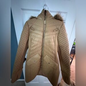 Michael Kors Quilted Beige Puffer Jacket with Fur Hood